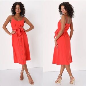 Lulu's Sunny Day Seeker Red Orange Button-Front Midi Dress With Pockets